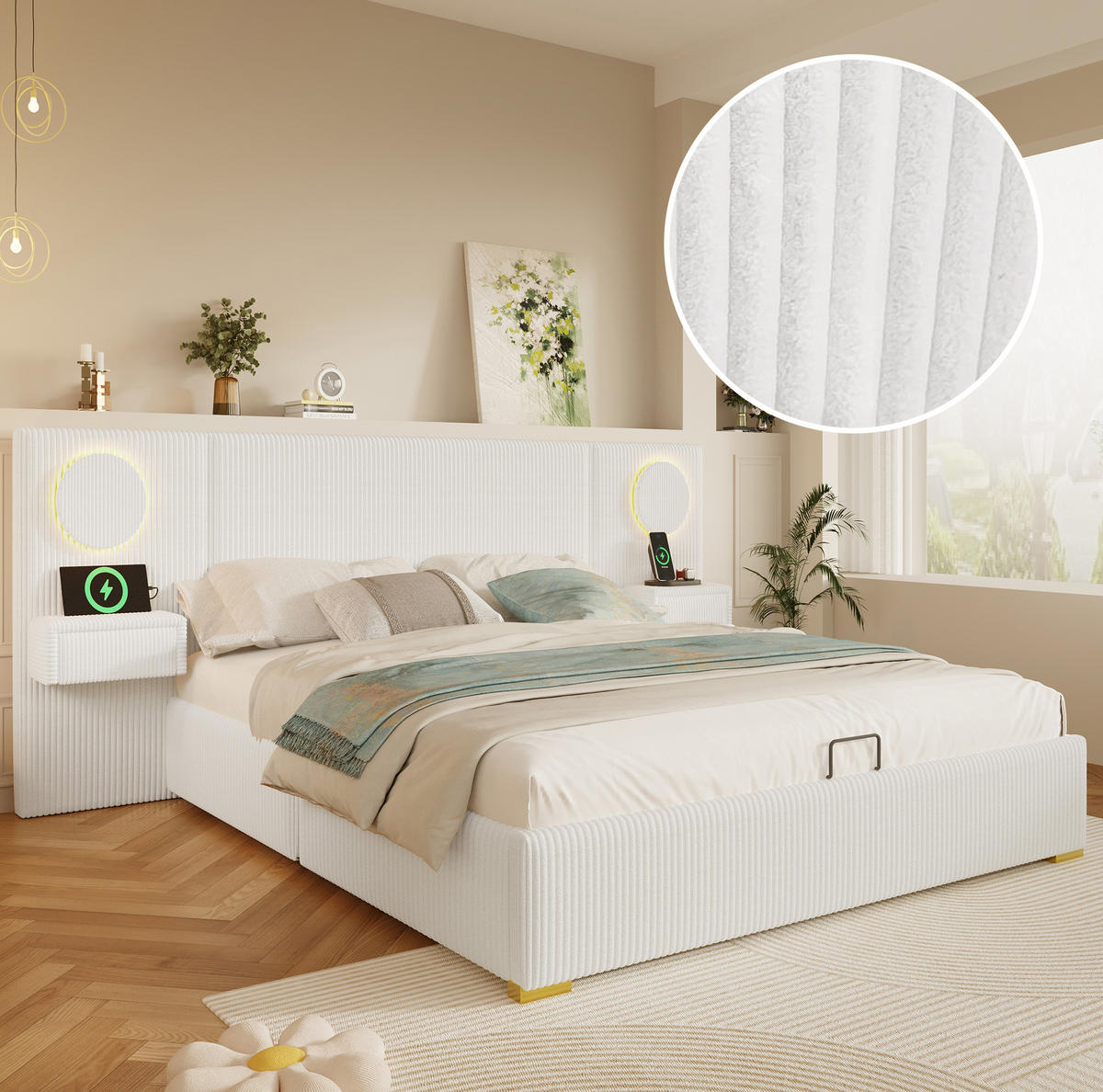 POLSTERBETT 180x200 cm in Beige mit LED-Kopfteil, USB-Anschlüssen und Stauraum - Beige, Textil (180/200cm) - IVMEU