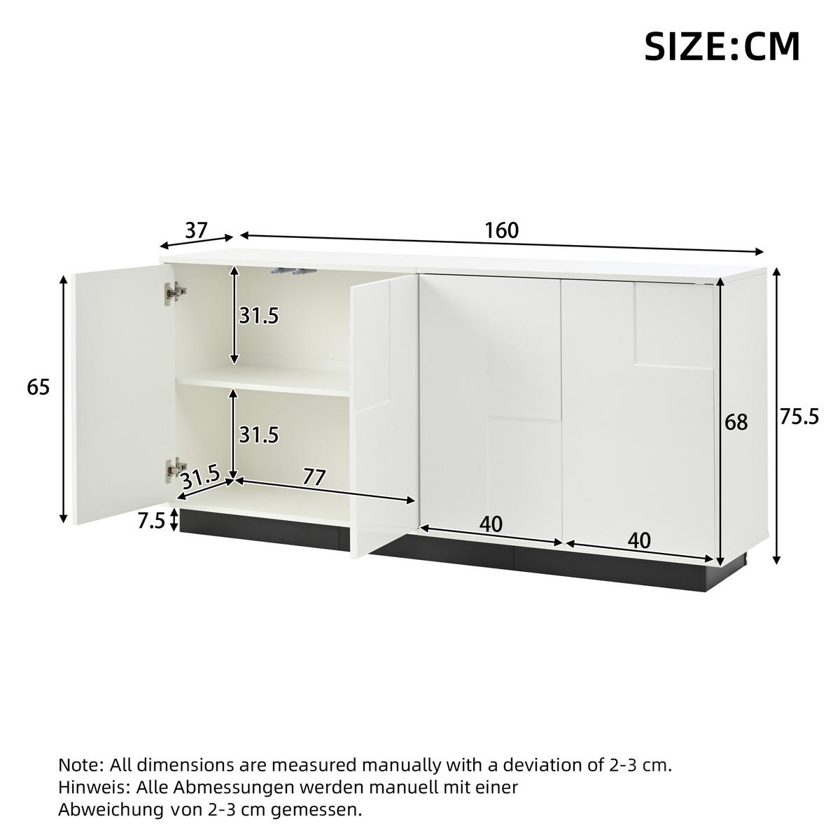 SIDEBOARD 160cm Hochglanz 4 Türen Weiß Schwarz modern Stauraum - Weiß, Holzwerkstoff (37/75.5/160cm) - FLIEKS