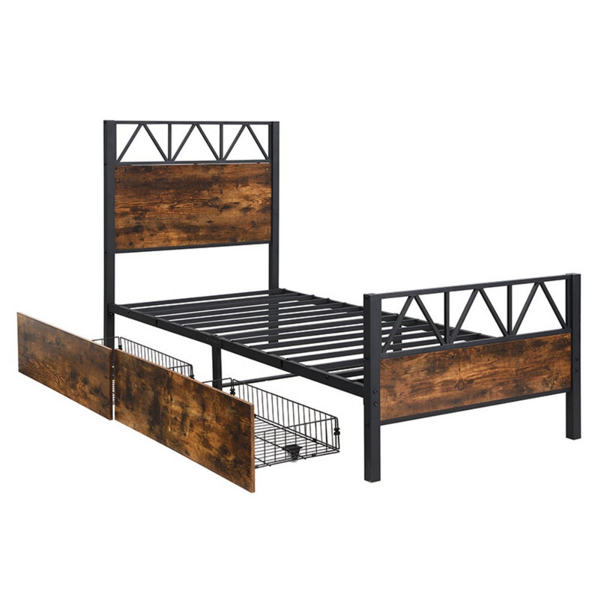 METALLBETT 90x200cm in Schwarz + Walnuss mit Zwei Schubladen - Walnussfarben, Metall (90/200cm) - KOMHTOM