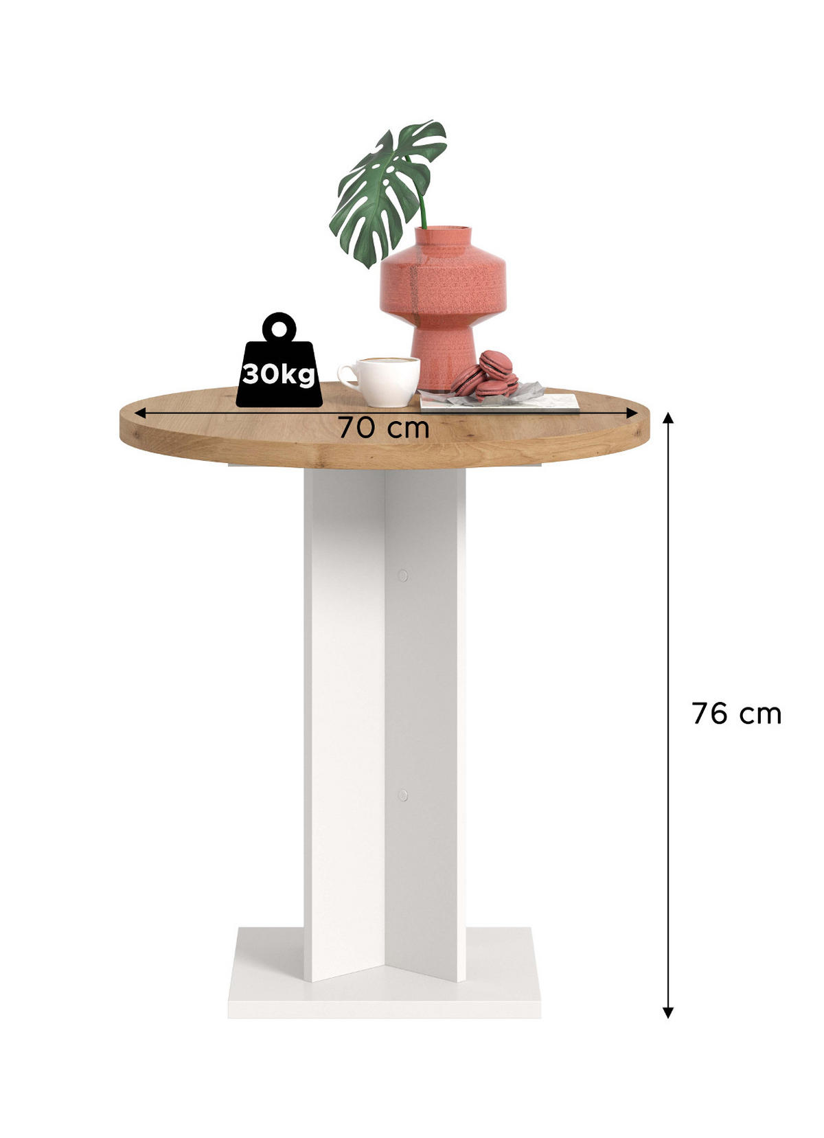 ESSTISCH Eiche Artisan, weiß, Küchentisch rund Ø 70 cm - Eiche Artisan/Weiß, Holzwerkstoff (70/70/76cm) - Inn.Furn