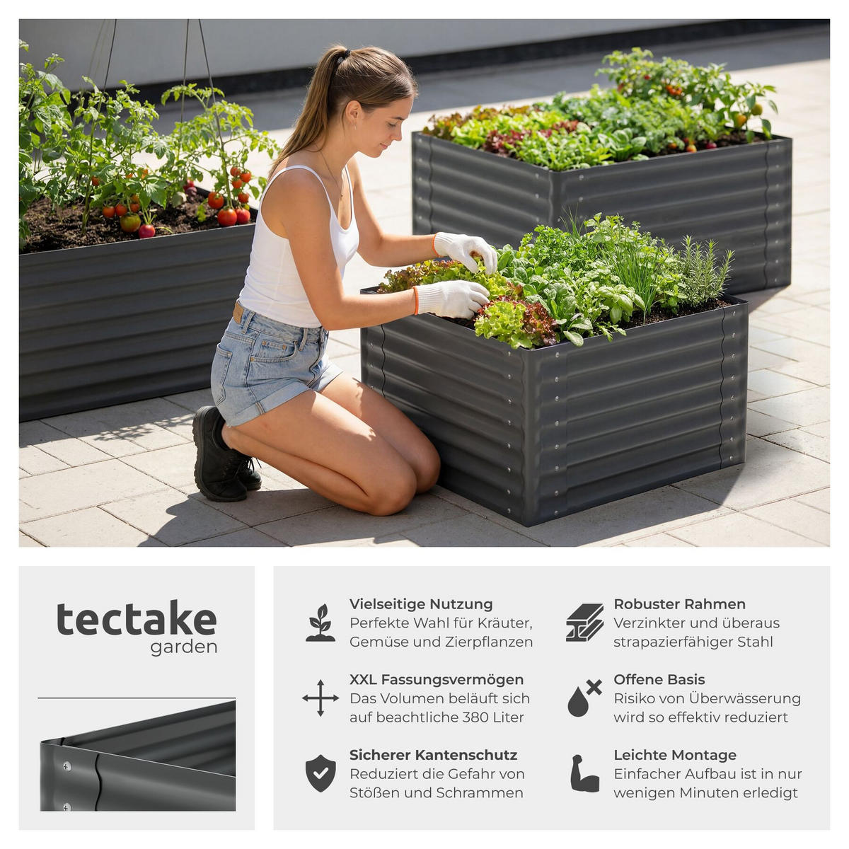 HOCHBEET Salvia, verzinkt, 80 x 80 x 62 cm, 380 l, inkl. Handschuhe, grau - Grau, Metall (80/62/80cm) - tectake