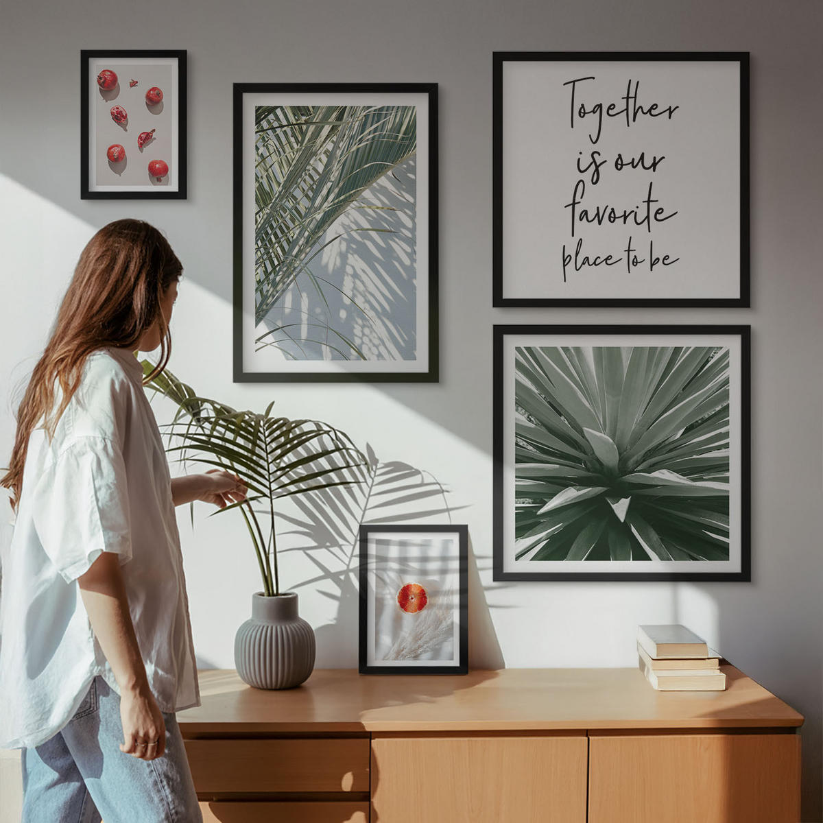 WANDBILDER 5er-Set - 50x50 cm & 20x30 cm & 40x60 cm Schwarzer Rahmen - Feiertags-Palmenfrucht-Inschrift - Schwarz, Kunststoff (40/60cm) - ArtPrintCave