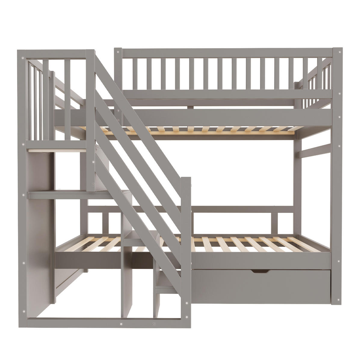 ETAGENBETT aus Kiefernholz 90x200 cm Grau mit Stauraumtreppe, Schubladen und Lattenrosten - Grau, Holz (90/200cm) - IVMEU
