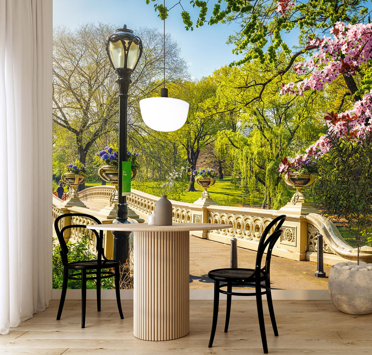 FOTOTAPETE für Wohnzimmer Historische Brücke Park Bäume Blumen 500x350 - Gelb/Beige, Papier (500/350cm) - Muralo