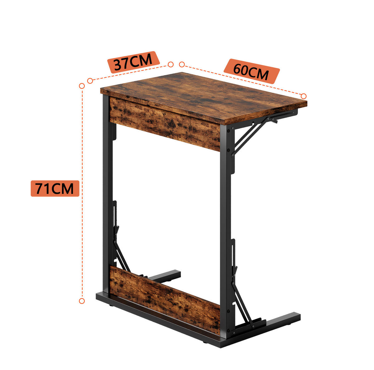 BEISTELLTISCH aus Metall und Holzwerkstoff 37x60x71 cm Rustikales Braun, klappbar mit verstellbaren Füßen - Braun, Holzwerkstoff (60/37/71cm) - Modfu
