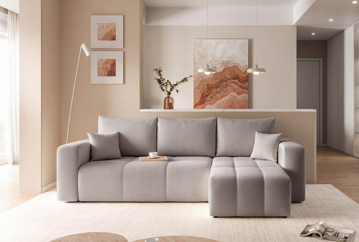 ECKSOFA Grau Velours mit Bettkasten und Schlaffunktion - Grau, Textil (248/145cm) - Idohome