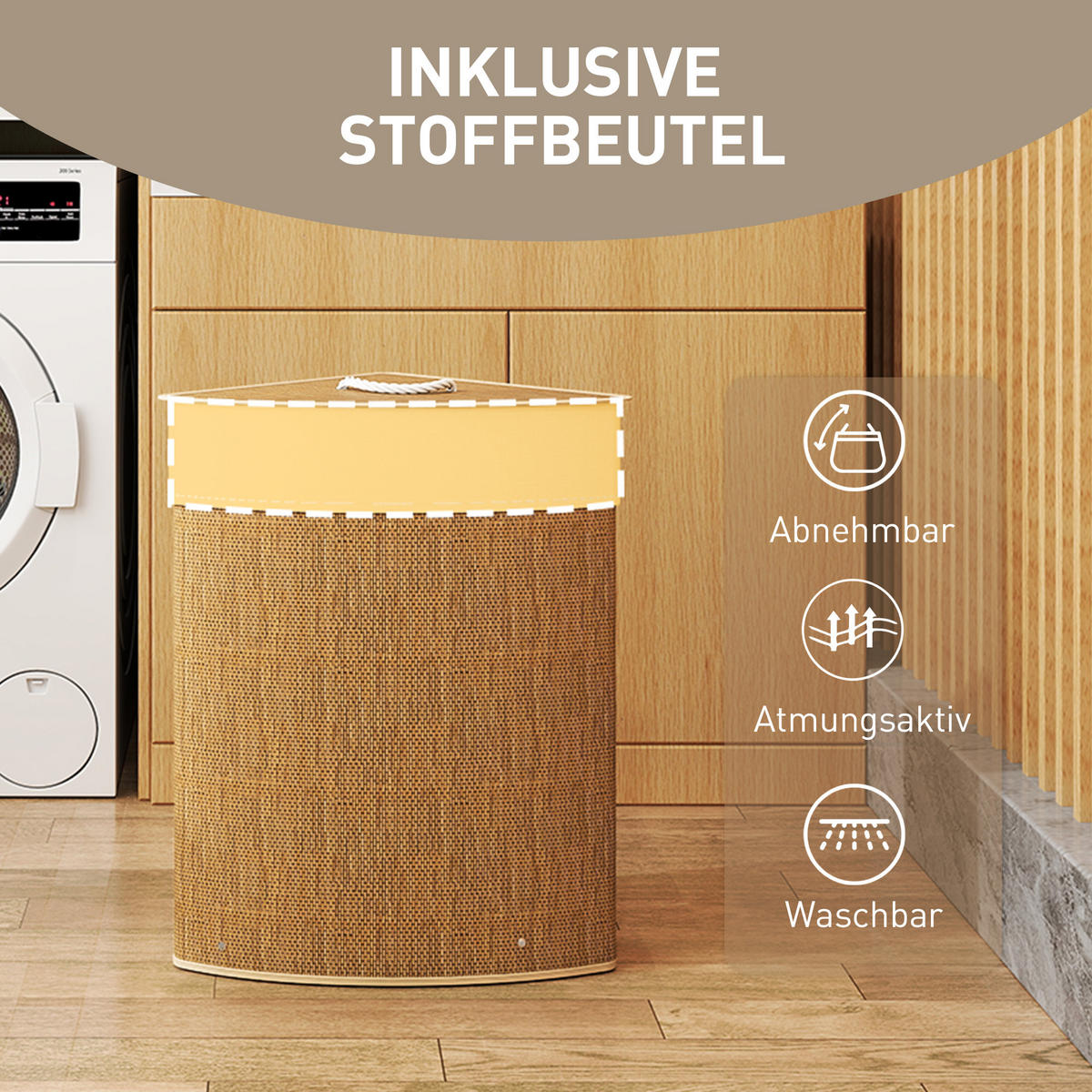 BAMBUS Wäschekorb mit Deckel 55 L Eck Wäschesammler mit herausnehmbar Wäschesack - Braun, Naturmaterialen (35/60/35cm) - HOMCOM