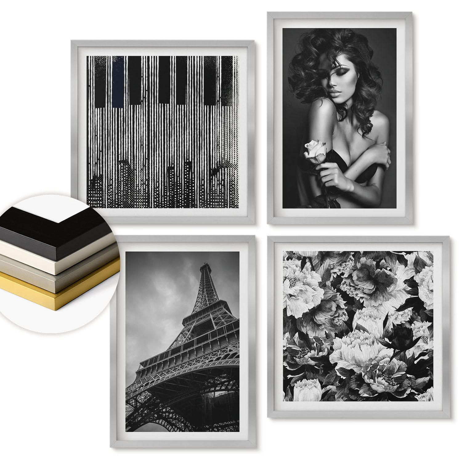 WANDBILDER 4er Set - 50x50 cm & 40x60 cm Silberner Rahmen - Porträt einer Frau mit einer Eiffel-Rose - Silberfarben, Kunststoff (50/50cm) - ArtPrintCave