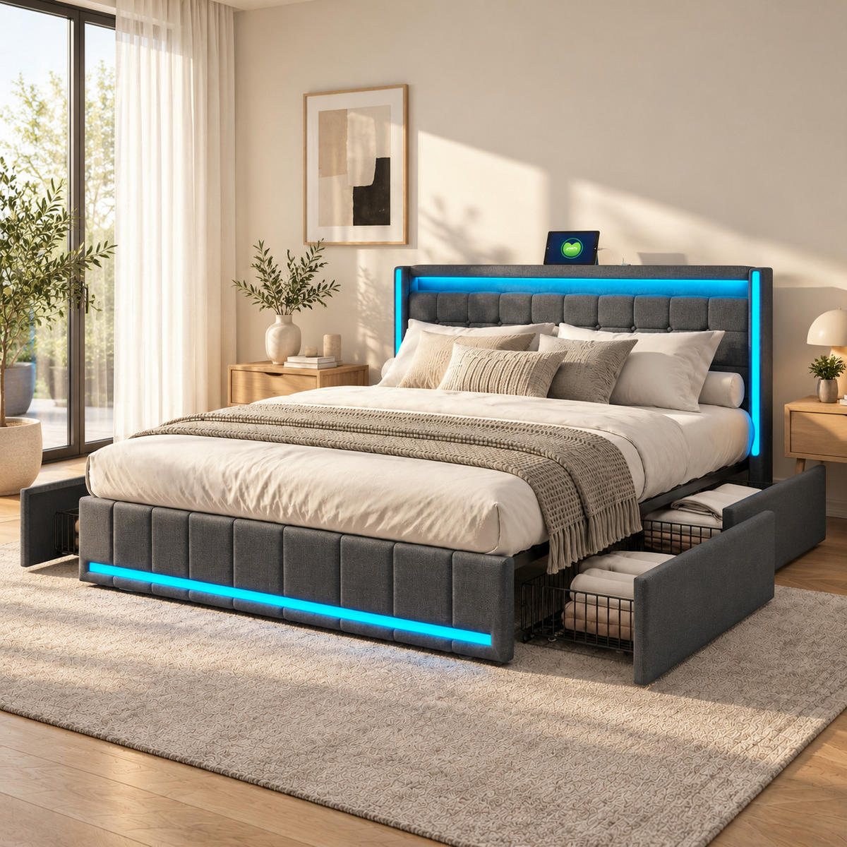 POLSTERBETT 140/200 mit RGB LED, 4 Stauraumschubladen, USB & Type C, App- und Fernbedienung, Bettgestell mit Lattenrost - Dunkelgrau, Holz/Metall (140/200cm) - Joyfair