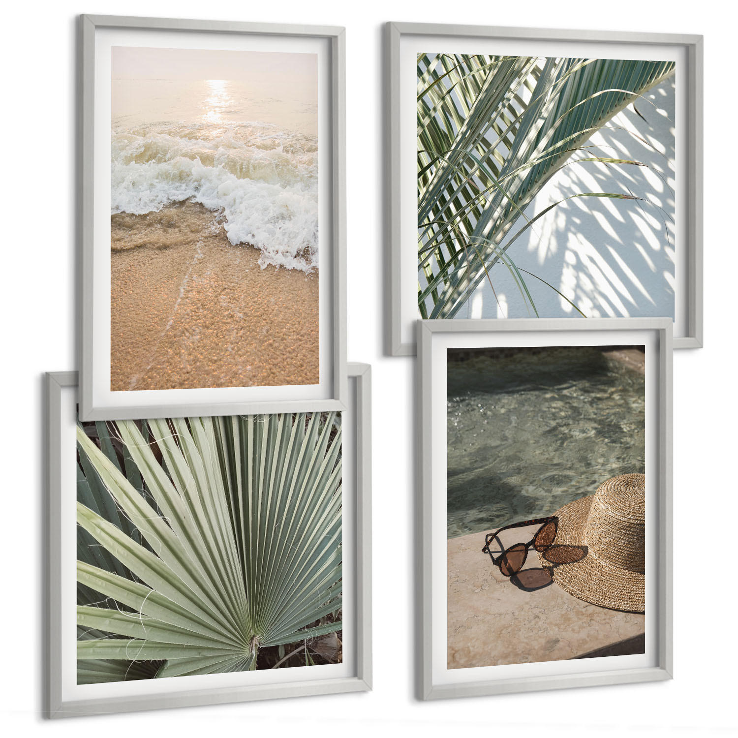 BILDER SET 4er Set - 50x50 cm & 40x60 cm Silberner Rahmen - Strandhut und Sonnenbrille - Silberfarben, Kunststoff (50/50cm) - TULUP