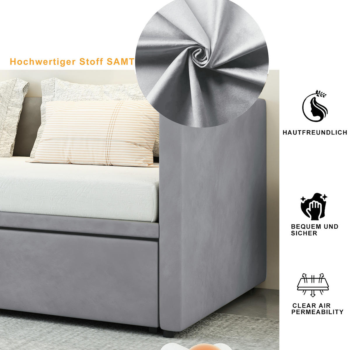 POLSTERBETT 90/180x200 cm Samt grau - Grau, Textil (180/200cm) - LEBENLANG