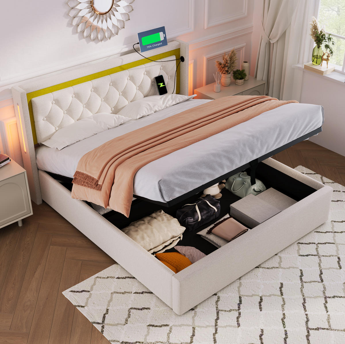 POLSTERBETT 140/200 cm Beige mit Stauraum, LED und USB- und Type-C-Anschlüssen - Beige, Textil (140/200cm) - Flora Grace