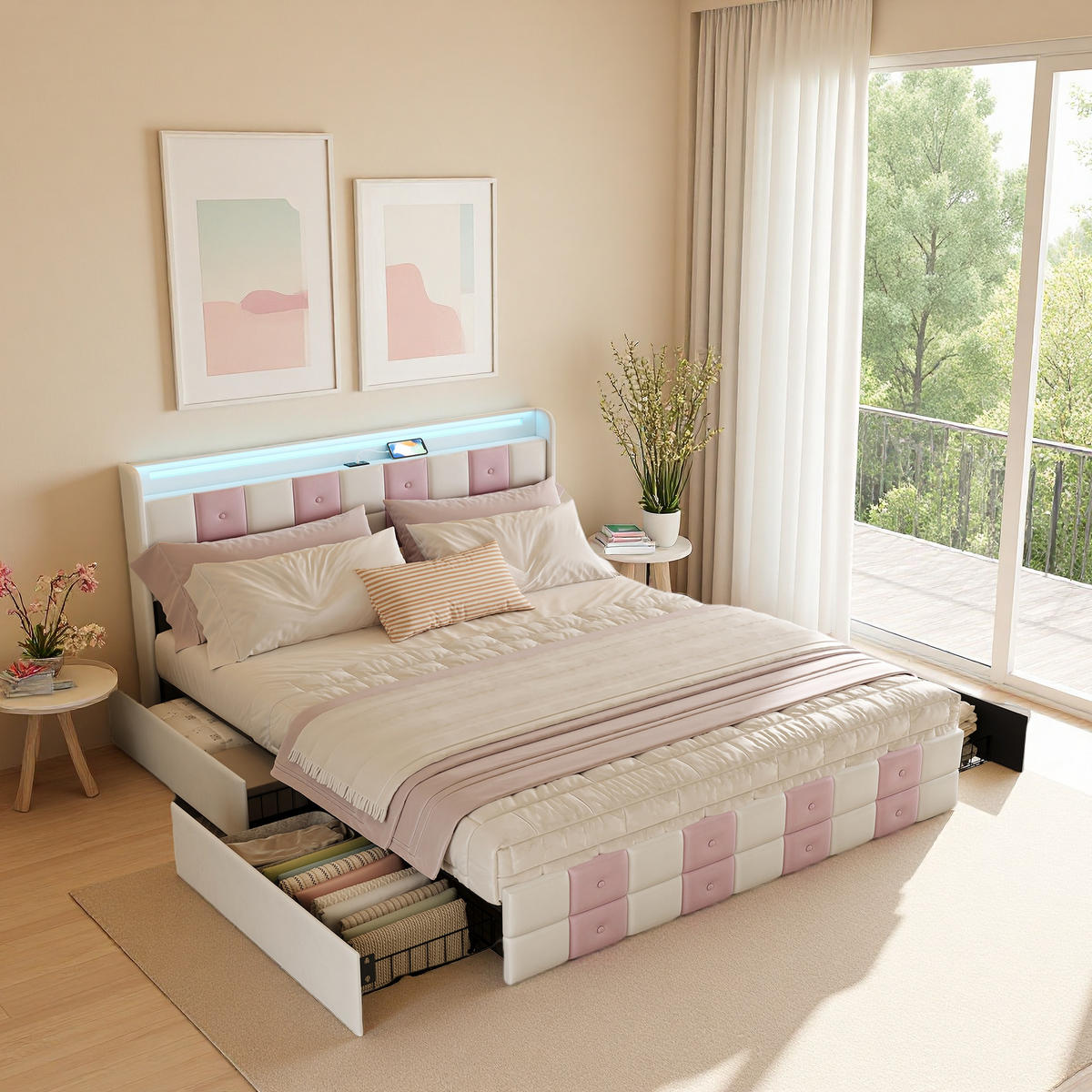 POLSTERBETT 140x200 cm LED USB Stauraum Lattenrost weiß - Weiß, Holz (140/200cm) - LEBENLANG
