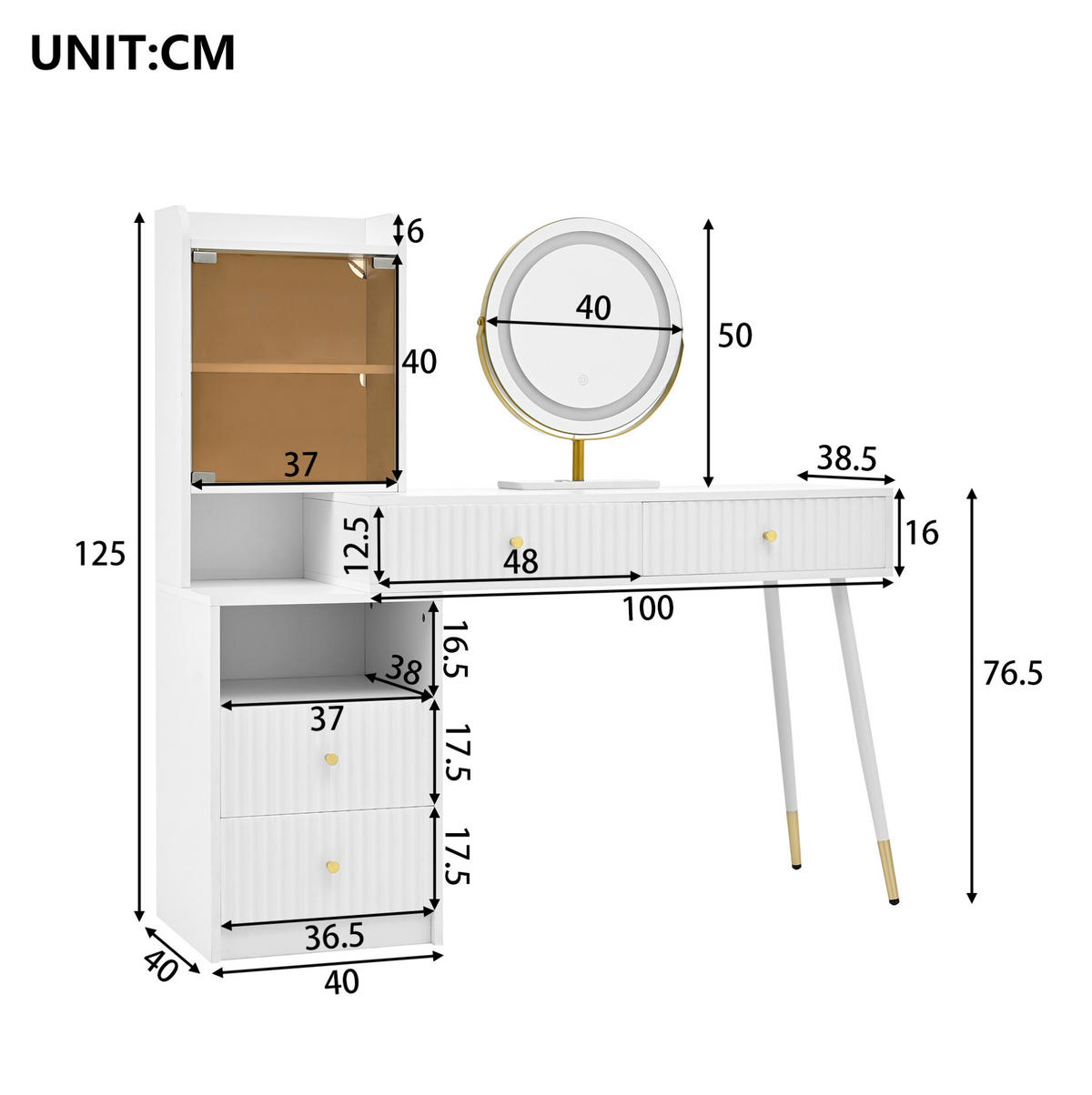 SCHMINKTISCH-SET 100/40/125 cm weiß mit dreifarbigem LED-Spiegel und 4 Schubladen - Weiß, Holzwerkstoff (100/125/40cm) - OKWISH
