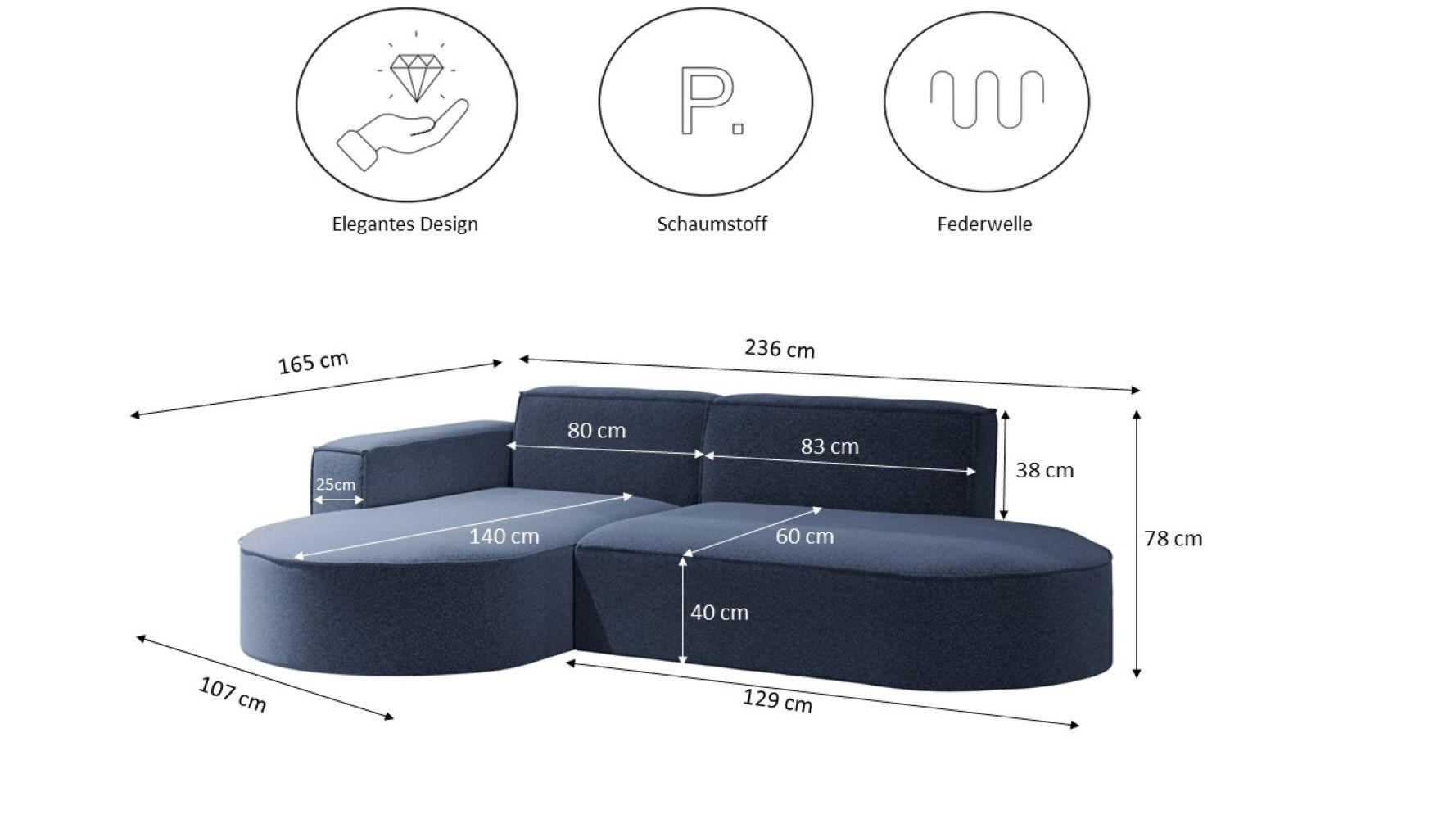 Thumbnail - Kaiser Möbel Ecksofa, Blau, Textil, einzeln stellbar, L-Form,L-Form, 236x165 cm, Wohnzimmer, Sofas & Couches, Wohnlandsc...