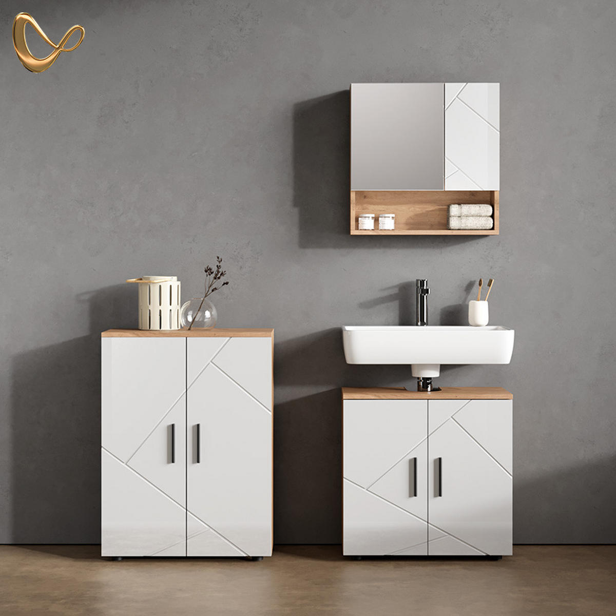 BADMÖBEL-SET Ronco Weiß Hochglanz/Goldkraft Eiche 3 Teile, mit Unterschrank 60 cm - Weiß Hochglanz/Eiche Wotan, Holzwerkstoff (60/59/30cm) - Livinity®