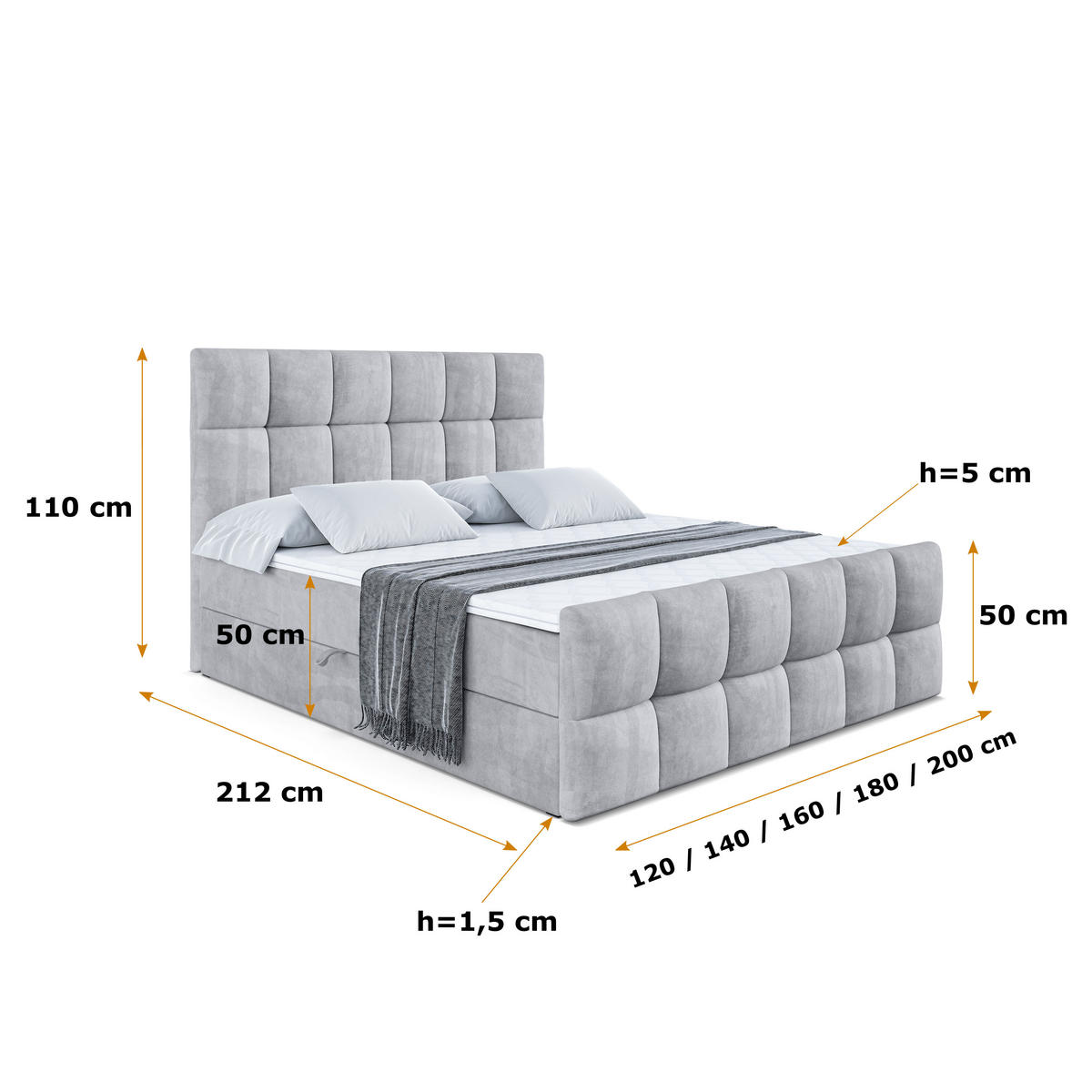 BOXBETT RICAR-Z - 140 x 200 - H3 - Hellgrau - Grau, Holzwerkstoff (140/200cm) - ALTDECOR