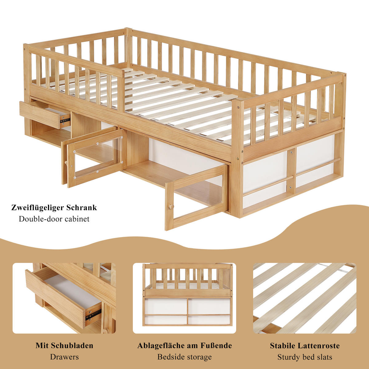 KINDERBETT 90/200 cm in Natur mit Schublade, Schrank und Ablagen - Naturfarben, Holz/Holzwerkstoff (90/200cm) - WISHDOR