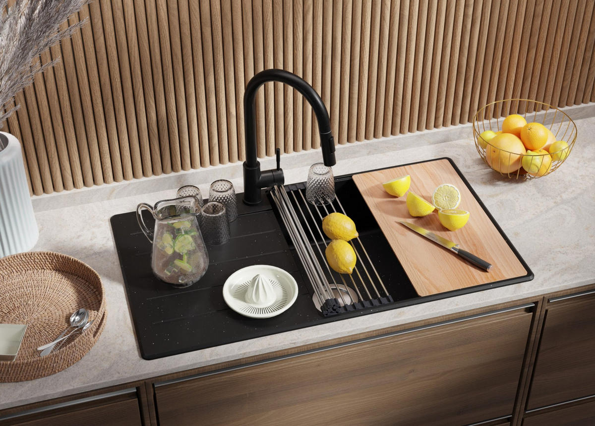 SPÜLBECKEN Kopenhagen, 2-er set Schwarz Metallic 90/50 cm 1 Becken + Ablauf-Set + Schneidebrett ab 60er Unterschrank - Chromfarben/Schwarz Hochglanz, Kunststoff (90/20/50cm) - Primagran