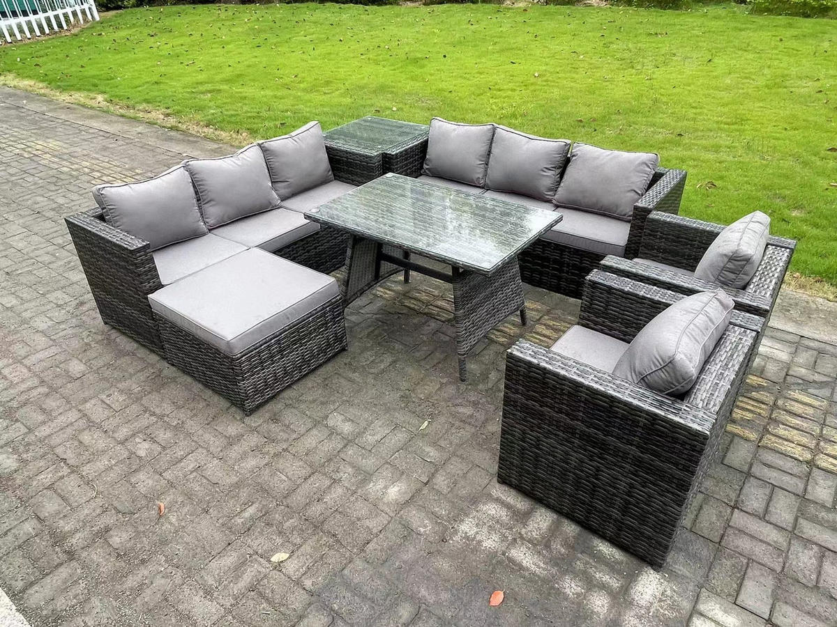 GARTENMÖBELSET mit Hocker 9-Sitzer Grau - Dunkelgrau/Grau, Glas/Kunststoff - Fimous