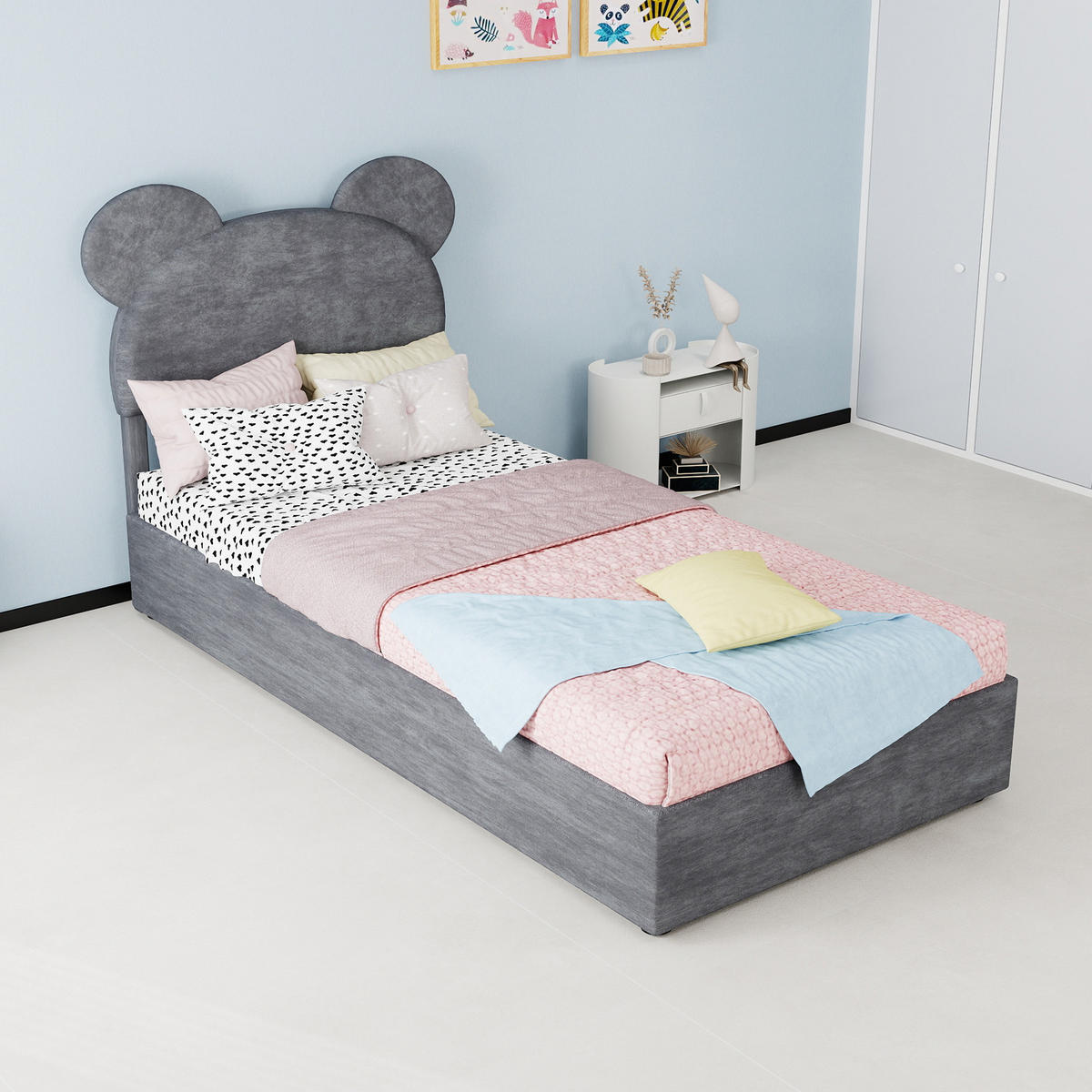 POLSTERBETT 90/200 cm in Grau mit Bettkasten Stoff im Cartoon-Design - Grau, Holzwerkstoff/Textil (90/200cm) - STILVORA