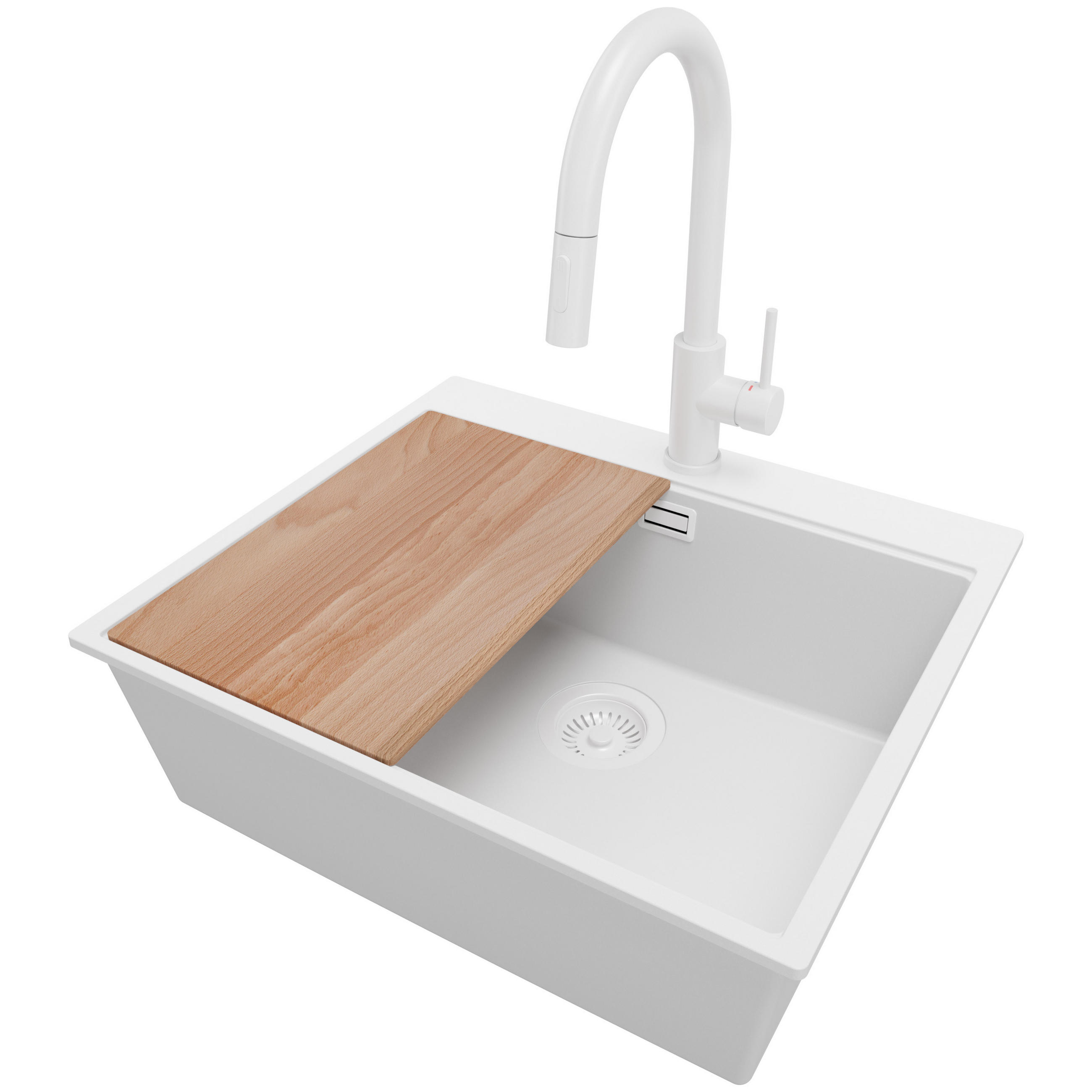 GRANITSPÜLE Oslo, 2-er set Alles Weiß 58/50 cm 1 Becken + Küchenarmatur 40/20 cm + Ablauf-Set + Schneidebrett ab 60er Unterschrank - Beige/Weiß, Kunststoff (58/20/50cm) - Primagran