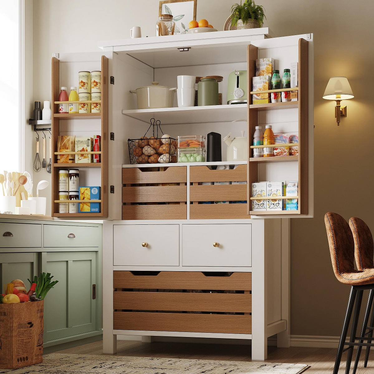 KÜCHENSCHRANK , MIT 5 SCHUBLADEN UND DOPPELTÜREN, MDF in Schwarz und Weiß, im Retro-Stil für Küche und Esszimmer, 80/40/140 cm - Weiß, Kunststoff (40/140/80cm) - Rolipo