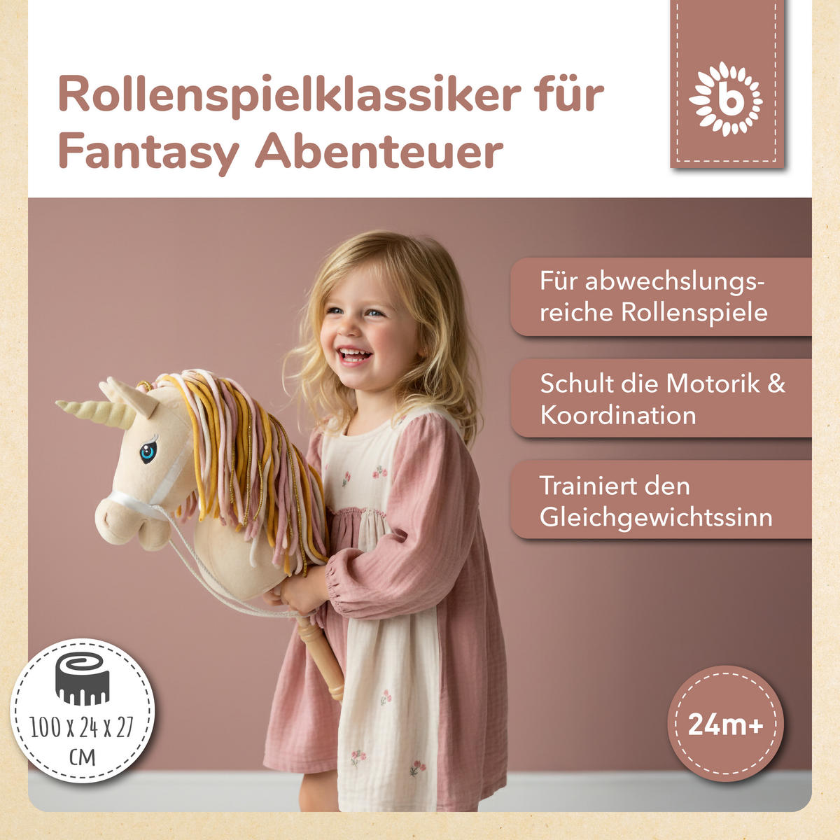 STECKENPFERD Einhorn Aurora aus Holz - Beige, Textil (33/92cm) - Bieco Spielwaren