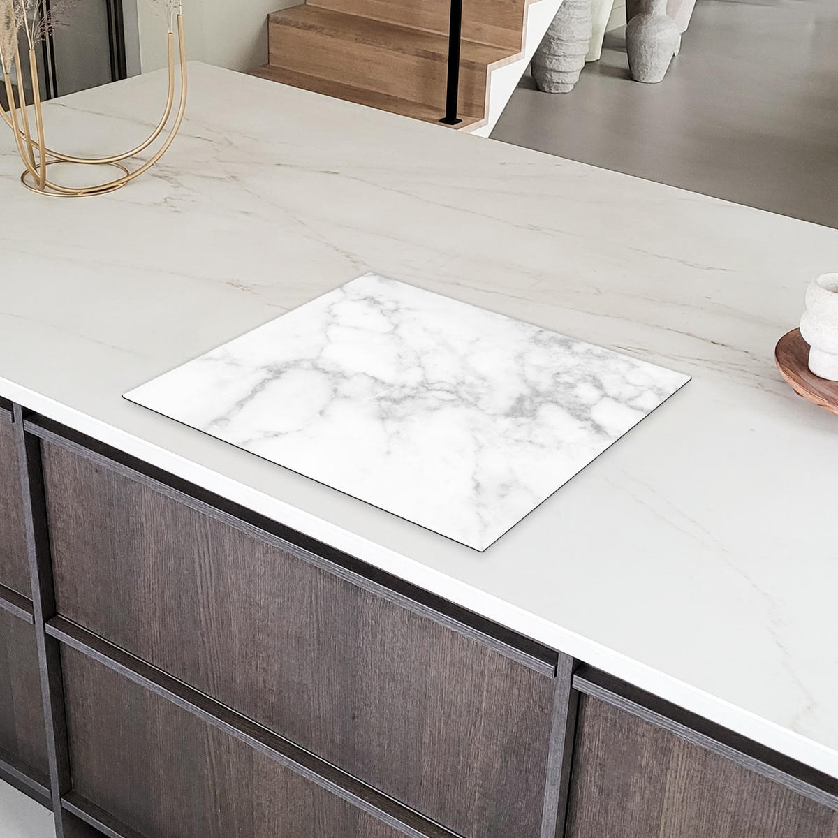 HERDABDECKPLATTE Marmor - Grau - Weiß - Strukturierter Marmor 65x52 cm - Weiß, Kunststoff (65/52/0.2cm) - MuchoWow
