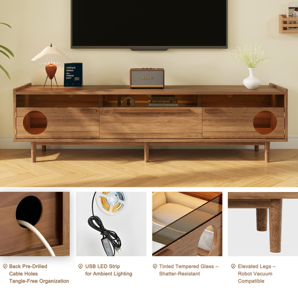 LOWBOARD 180/40/50 cm Walnussfarben aus MDF und gehärtetem Glas mit LED-Beleuchtung und Katzenruheraum - Walnussfarben, Holzwerkstoff (40/50/180cm) - OKMYHOME
