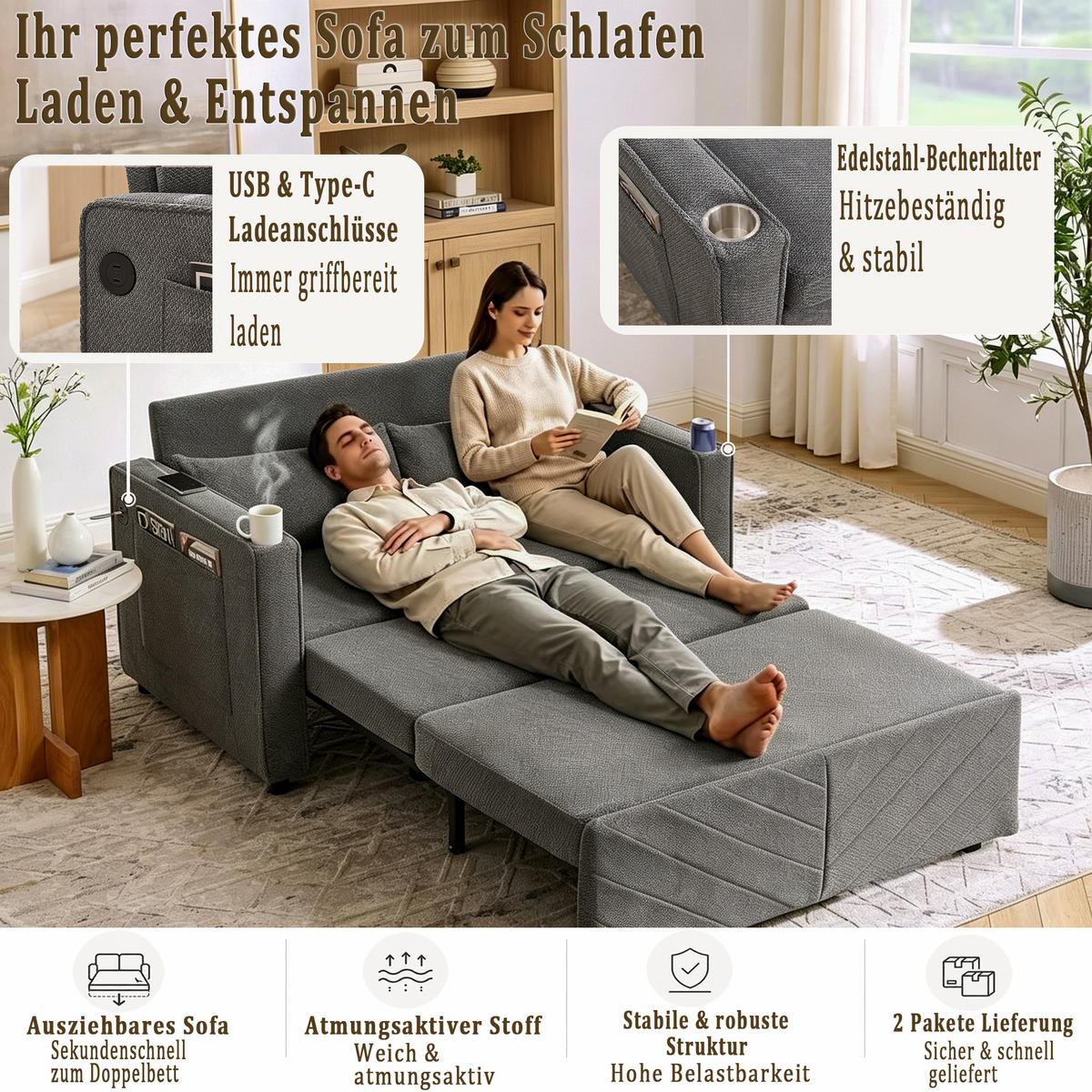 SCHLAFSOFA 134/82/73 cm Dunkelgrau mit USB Charging und Aufbewahrungstasche - Dunkelgrau, Textil (134/73/195cm) - Oxeza