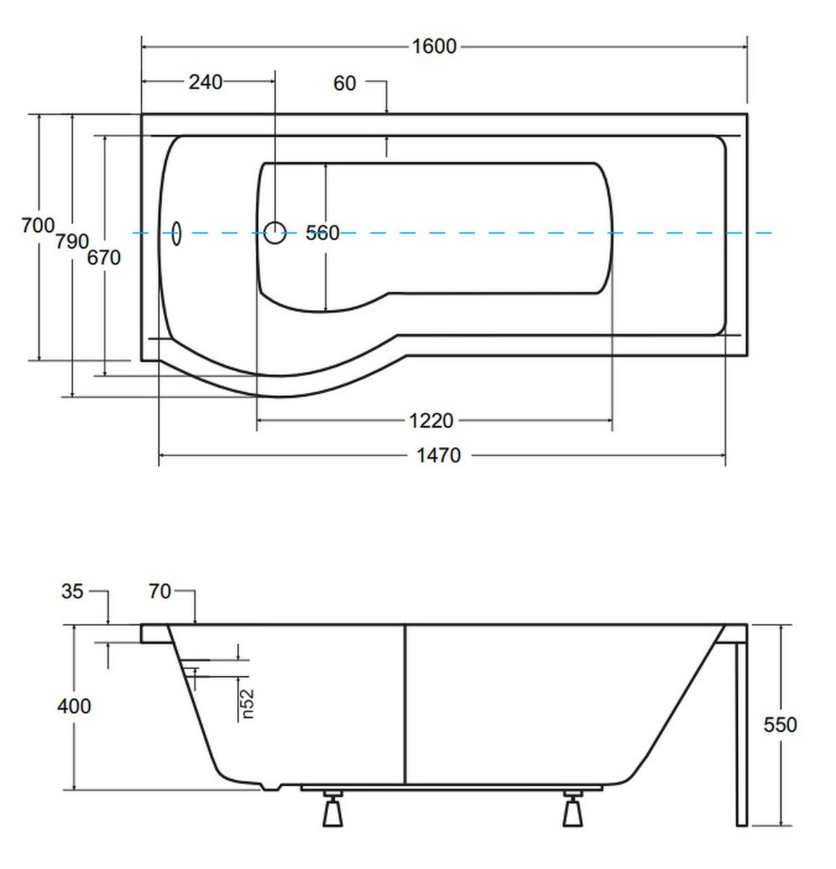 BADEWANNE Rechteck INSPIRO 160/70 Links mit Styro Ablauf Füße - Weiß, Kunststoff (70/55/160cm) - bad land