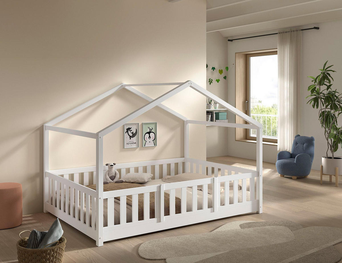 HAUSBETT Kapua 140x200 mit Rausfallschutz Kiefer Massivholz weiß - Weiß, Holz (140/200cm) - 58aufmkessel