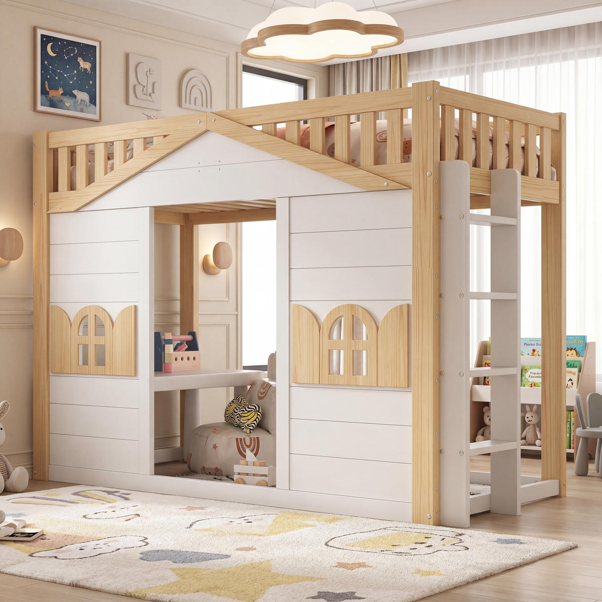 ETAGENBETT 90/200 cm DE-32832 mit Haus-Design und Fenster Weiß/Natur - Weiß, Holzwerkstoff (90/200cm) - ComfortXL