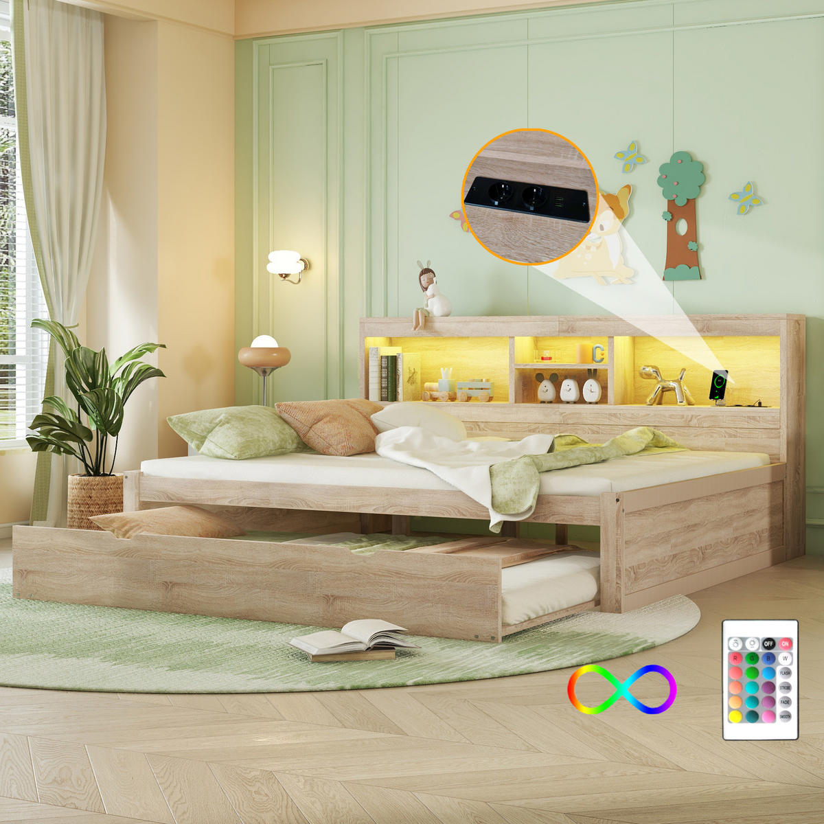 TAGESBETT 140/200 cm mit LED-Beleuchtung, Ausziehbett, USB und Stauraum - Naturfarben, Holzwerkstoff (140/200cm) - BEAOK