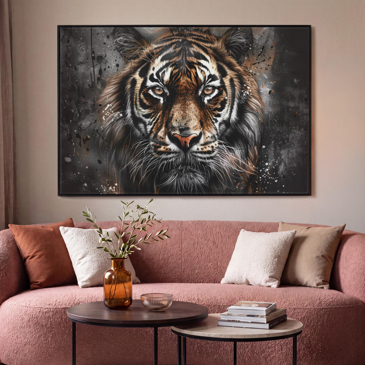 LEINWAND Bilder mit Rahmen - Tiger - Tiere - Porträt - Luxus - Schwarz - 140x90 - Braun, Textil (140/90cm) - MuchoWow