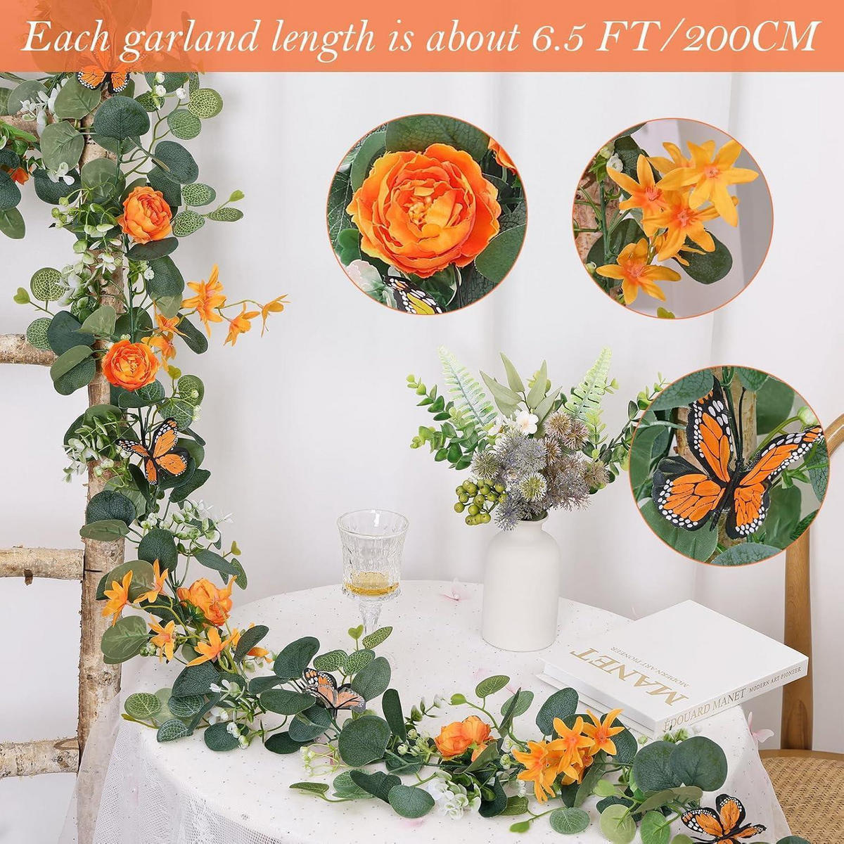 KÜNSTLICHE Blumengirlande 2er Set 200 cm mit Schmetterlingen und Blumen Orange - Multicolor, Kunststoff (200cm)