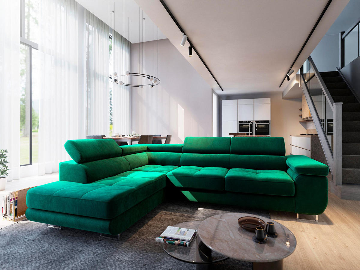 ECKSOFA SELVA L-S Grün Velours-Stoff mit Schlaffunktion - Grün, Holz (275/202cm) - MASSENO