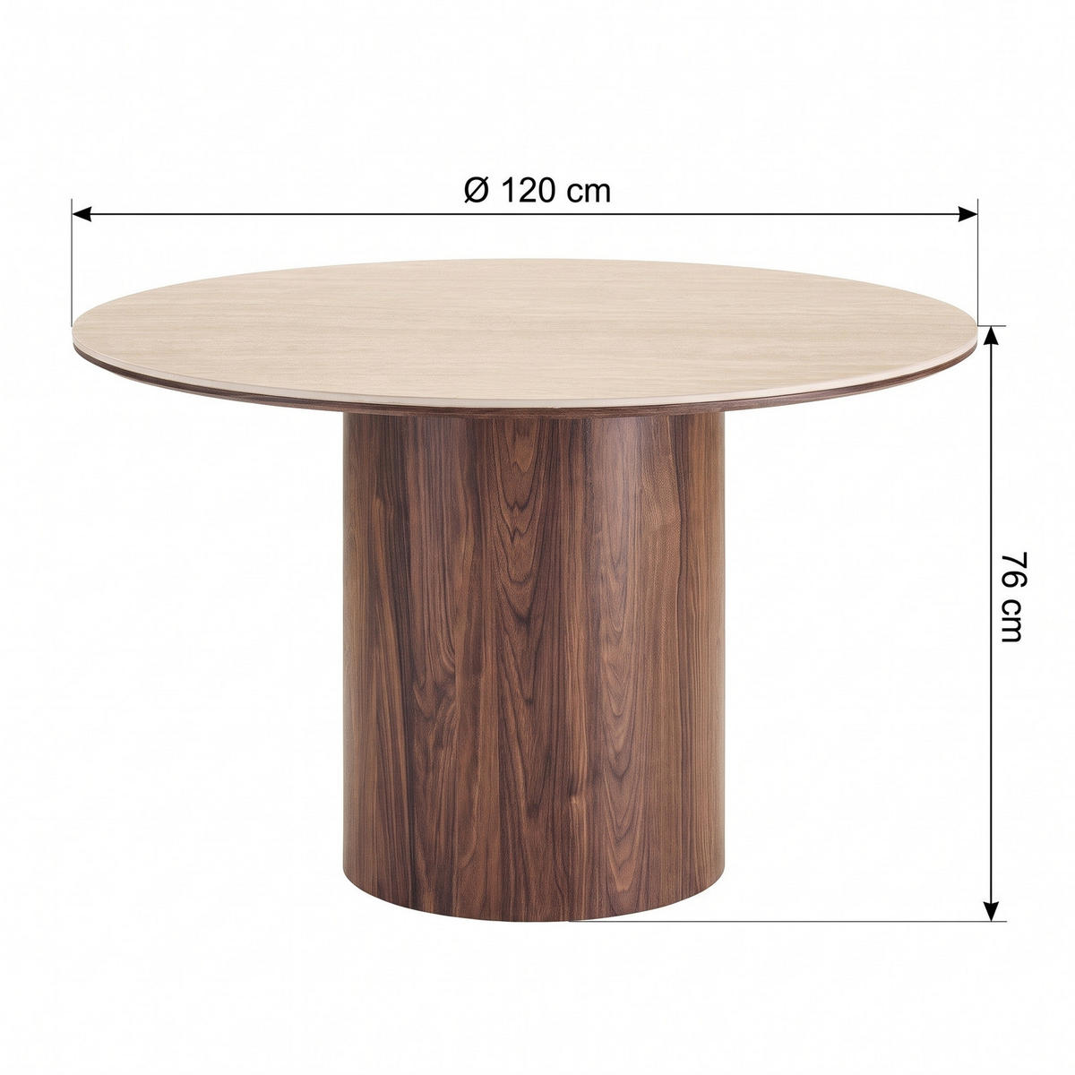 ESSTISCH Minamata Ø 120 cm, Keramik-Tischplatte Travertin / Walnuss-Dekor, 76 cm hoch - Grau, Holzwerkstoff (120/120/76cm) - ebuy24