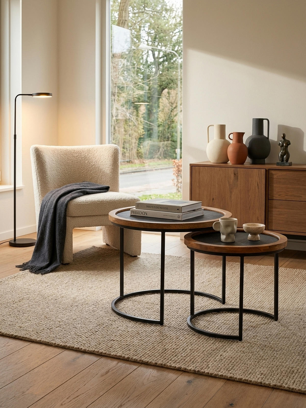 COUCHTISCH Set – 2-teilig Rund Mango Massivholz Steinoptik Metall Braun Anthrazit - Schwarz/Braun, Holz/Metall (60/60/46cm) - KADIMA DESIGN