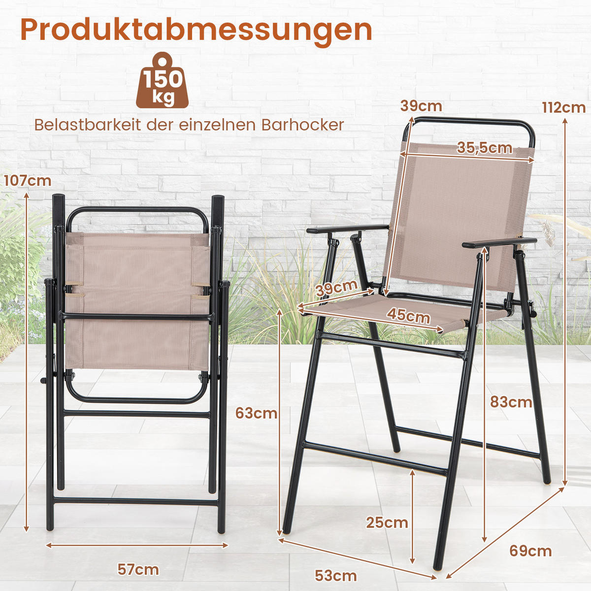 BARHOCKER Beige(2er-Set) - Beige, Metall (69/112/53cm) - COSTWAY