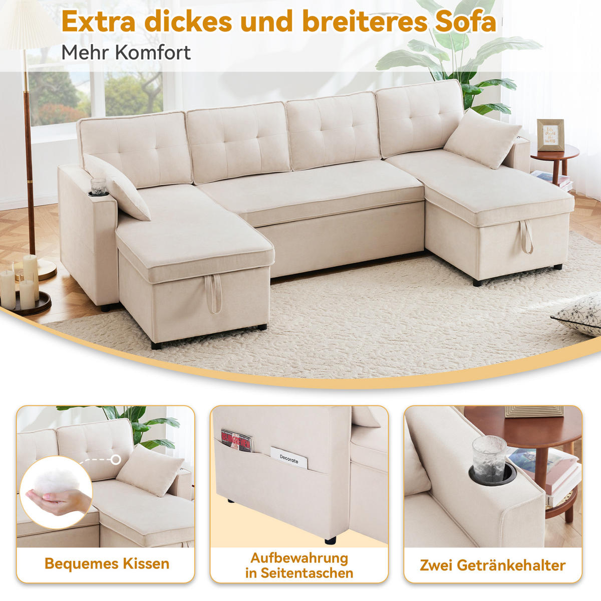 SCHLAFSOFA 270/130/86 cm in Beige – ausziehbar mit Stauraum und Getränkehaltern - Beige, Textil (130/86/270cm) - BEAOK