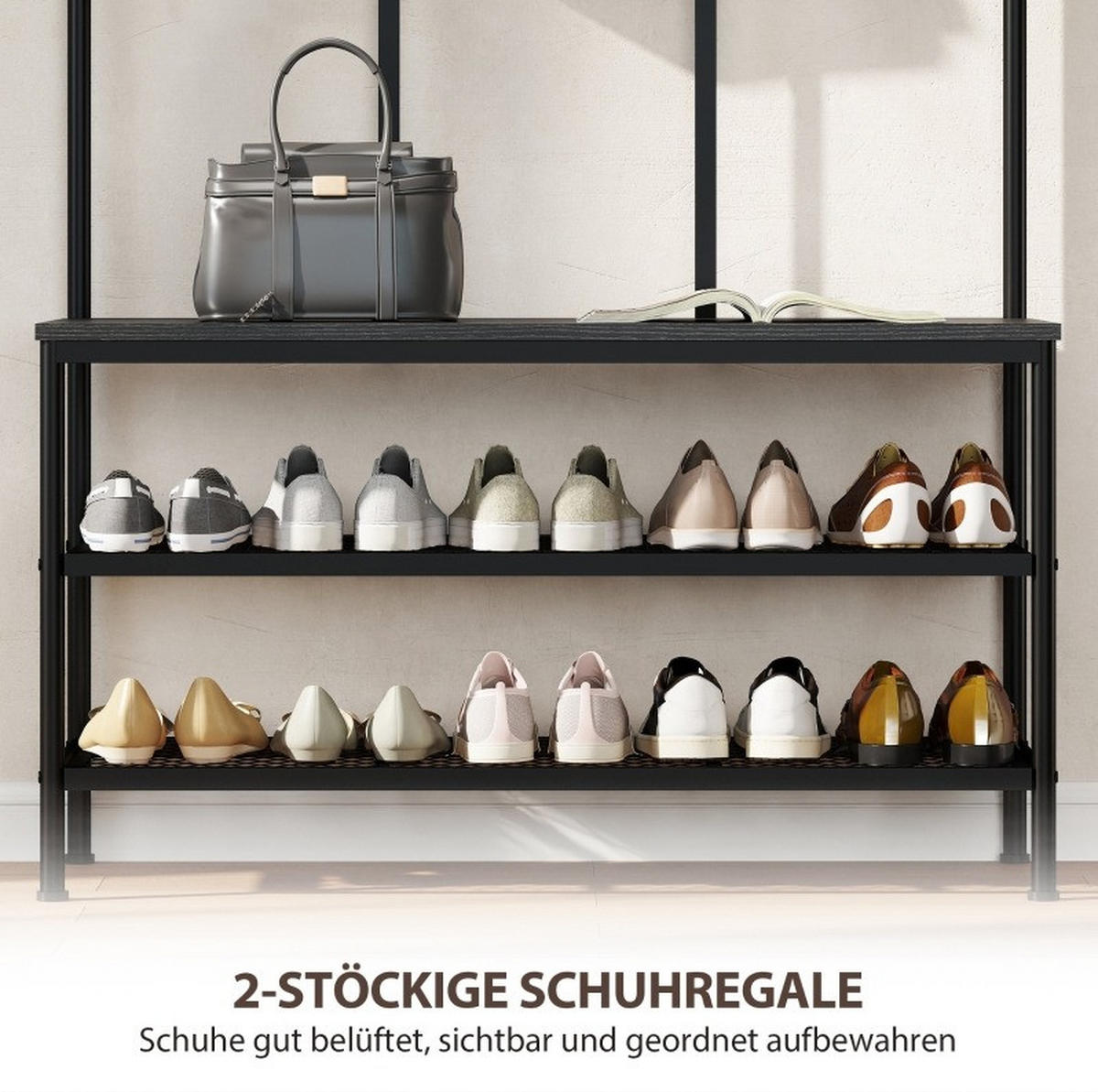 GARDEROBENSTÄNDER 3-in-1 mit Sitzbank und Schuhregal Metall Schwarz - Schwarz, Metall (36/180/91cm) - Beauniv