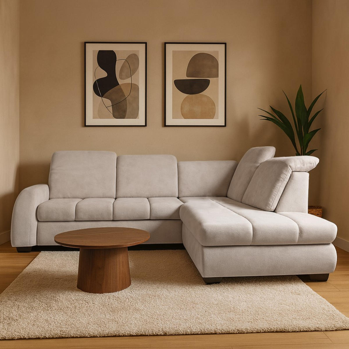 ECKSCHLAFSOFA Onel mit bewegliche Kopfstützen, Beige, Rechts - Beige/Schwarz, Textil (263/200cm) - Beautysofa