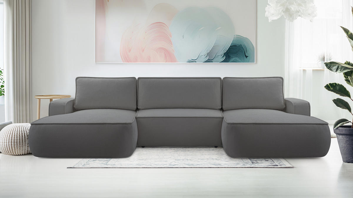 WOHNLANDSCHAFT Ablia Dunkelgrau 364/168/87 cm mit Schlaffunktion - Dunkelgrau/Schwarz, Kunststoff/Textil (364/87/168cm) - AX Living