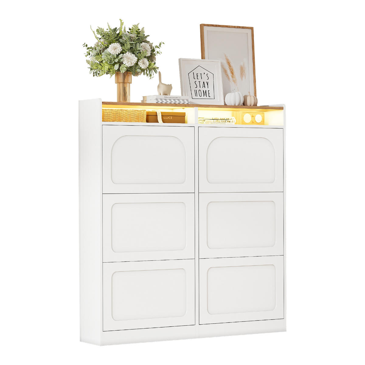 SCHUHSCHRANK 120/24/130 cm mit 6 Klappen, LED-Beleuchtung und offenen Fächern - Weiß, Holzwerkstoff (120/130/24cm) - BEAOK