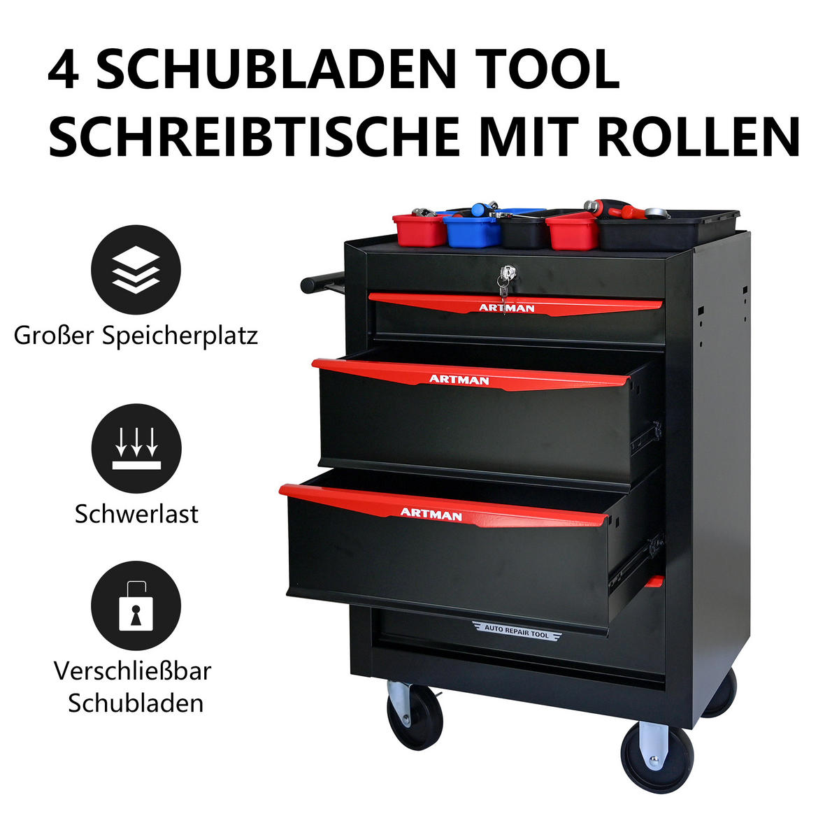 KOMBINATIONS-WERKZEUGKASTEN – 4 Schubladen – 508 mm (20 Zoll) – Farbgebung: Schwarz und Rot - Multicolor, Metall (33/77.5/60cm) - DCA