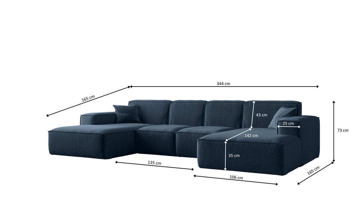 ECKSOFA U-Form Siena mit Stoff Maloy Marineblau - Dunkelblau, Holz (344/165cm) - Kaiser Möbel