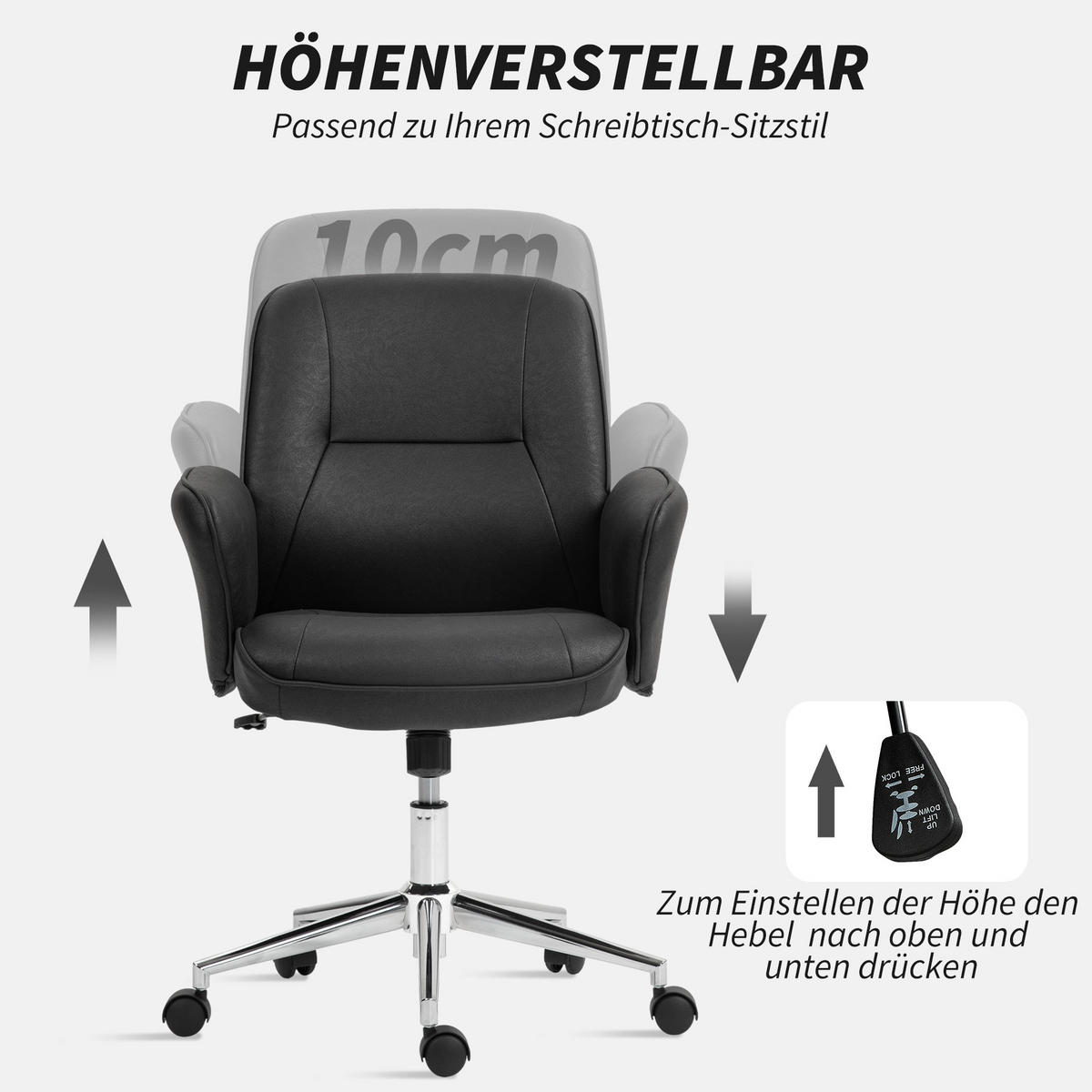 BÜROSTUHL Schreibtischstuhl höhenverstellbarer Drehstuhl Mikrofaser Schwarz - Schwarz, Kunststoff (69/102/67cm) - Vinsetto