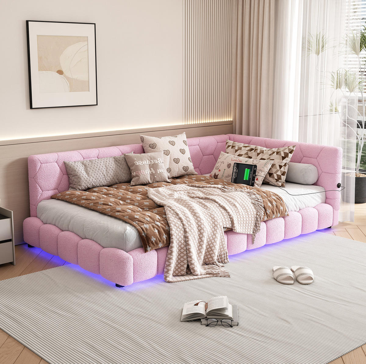 BETT 90/200 cm Rosa aus Vliesimitat und MDF mit LED-Beleuchtung - Rosa, Textil (90/200cm) - OKMYHOME